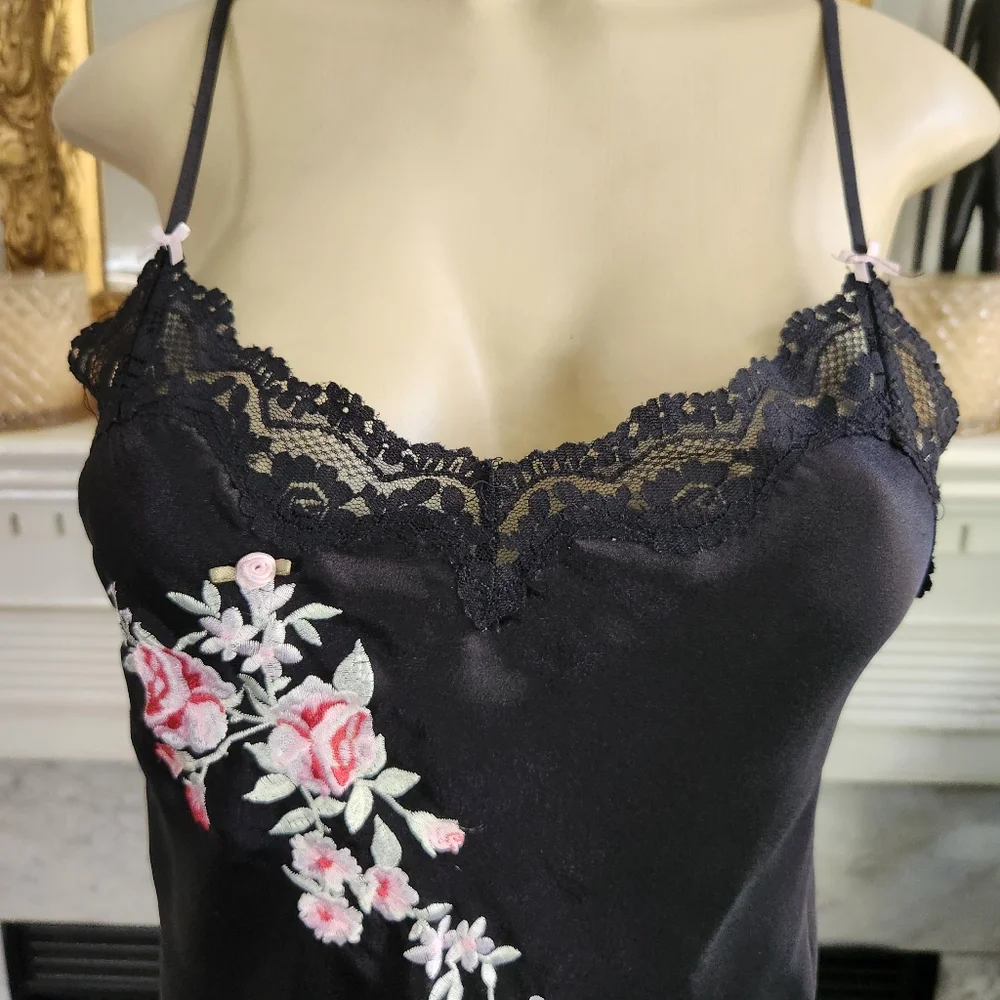 Vintage 90s Black Floral Chemise Slip Dress Sz M Pink Embroidered Mini Lace Y2K